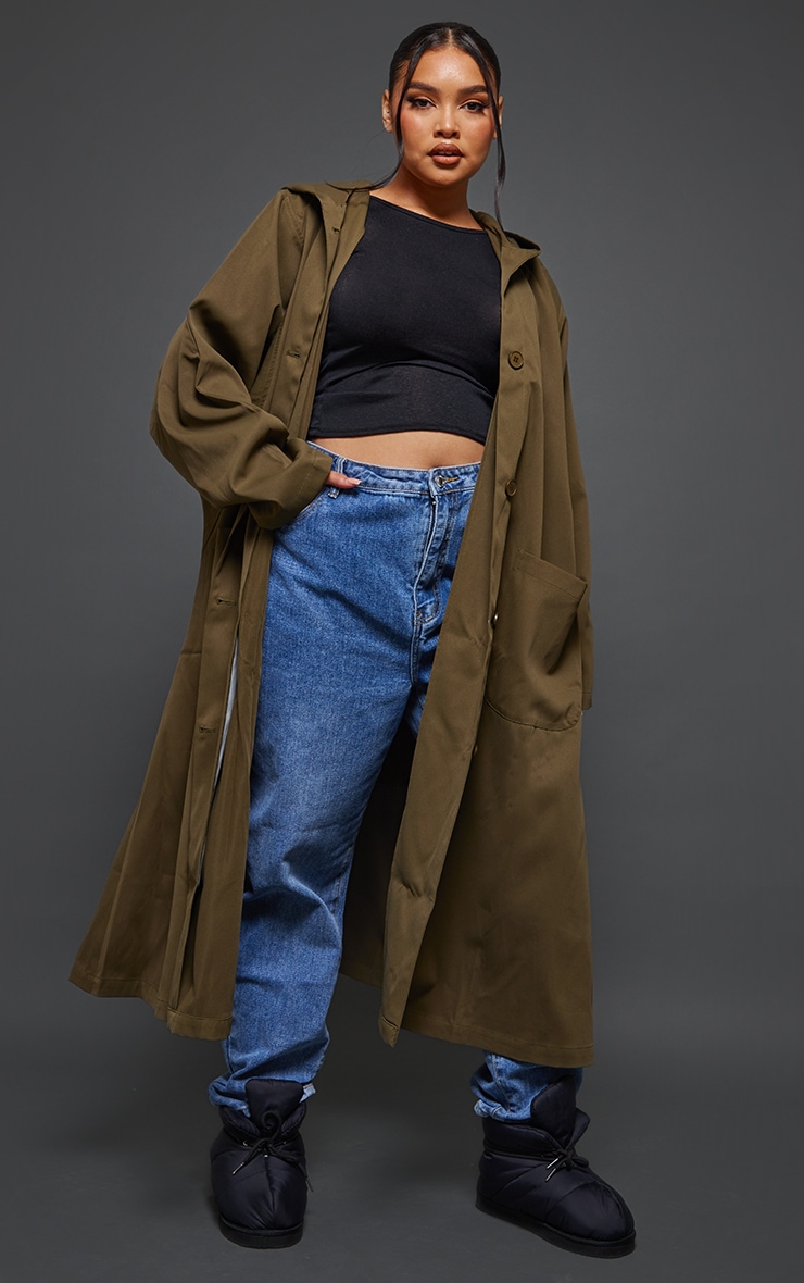 Plus Khaki Hooded Oversized Trench Coat