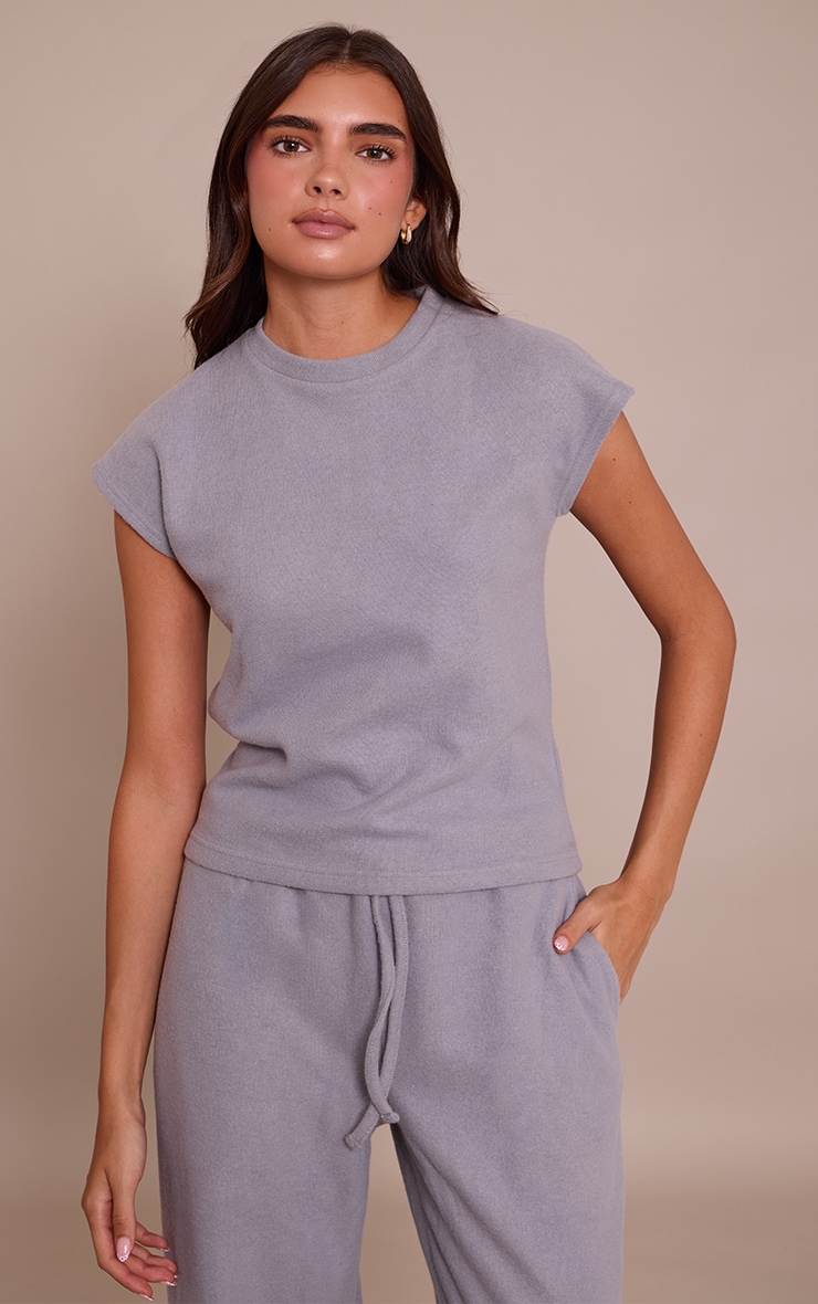 Charcoal Grey Rib Knit Short Sleeve Top image 1