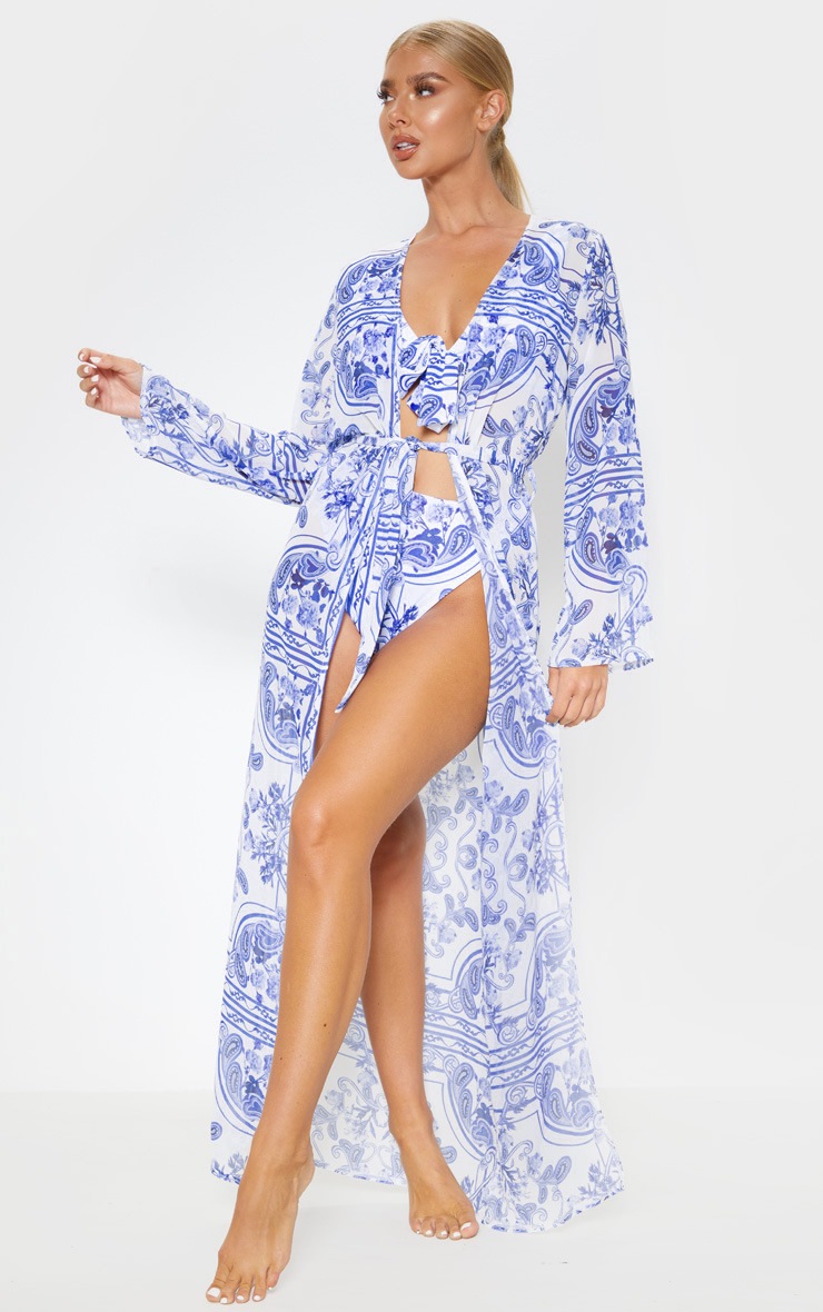 Kimono plissé imprimé baroque bleu à lien