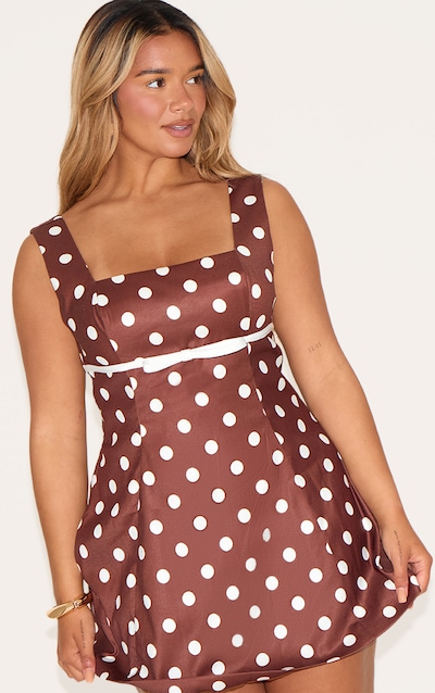 Shape Mini robe trapèze chocolat imprimé pois à col droit et noeud