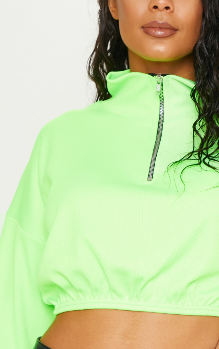 Neon Lime Rib Zip Front Long Sleeve Sweatshirt image 6