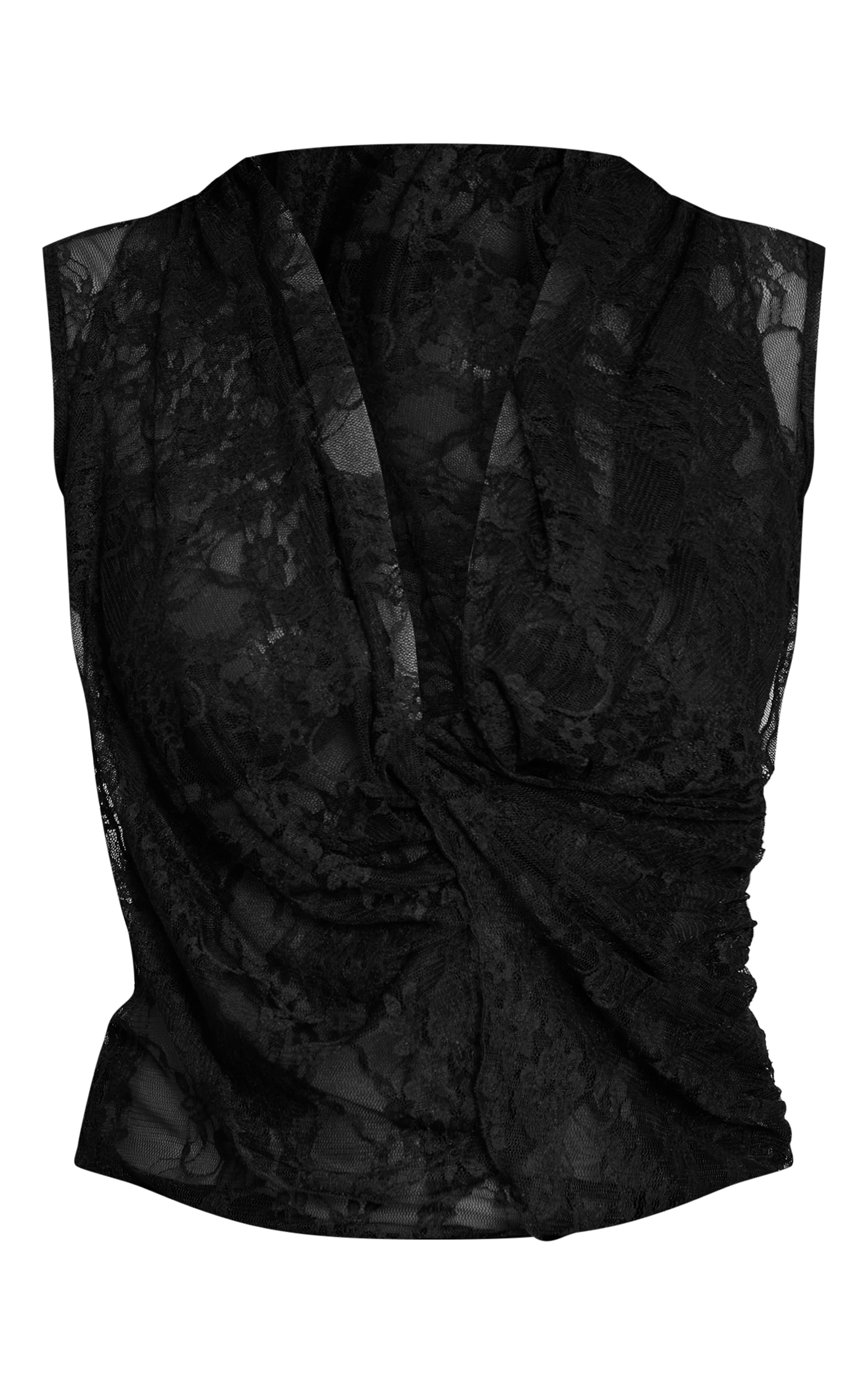 Black Lace Cowl Drape Ruched Long Top image 5