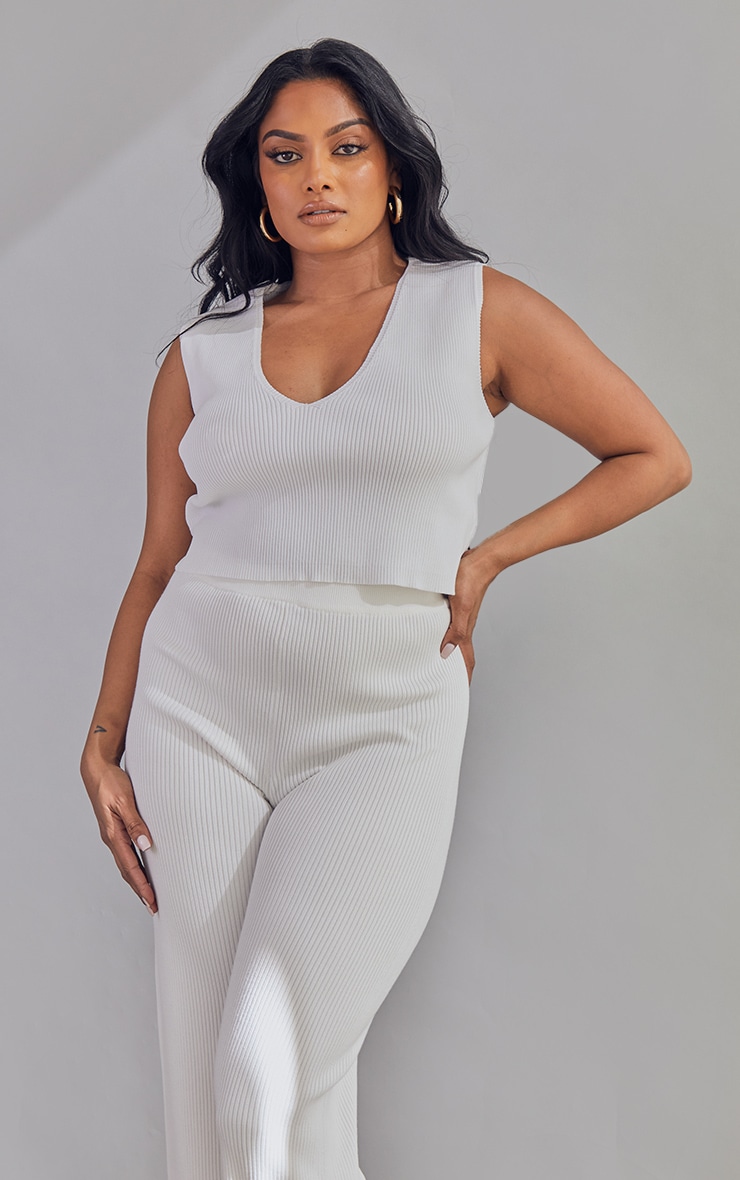 Plus White Rib Knit V Neck Top image 1