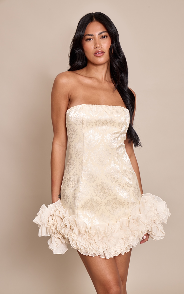 Cream Embroidered Jacquard Frill Hem Bandeau Mini Dress image 3