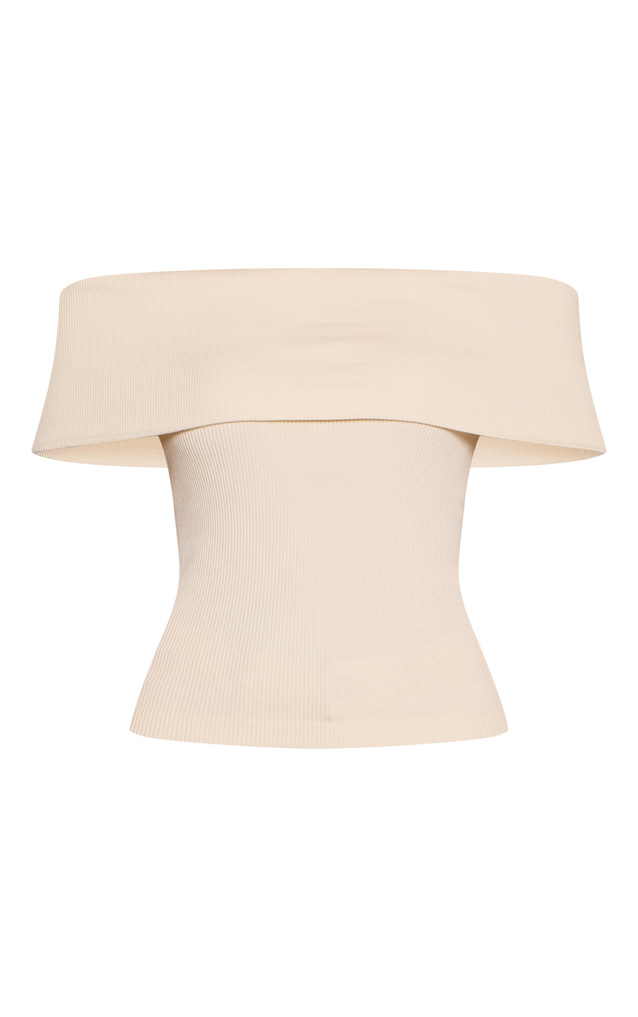 Cream Snatched Rib Fold Over Bardot Detail Long Top  image 2