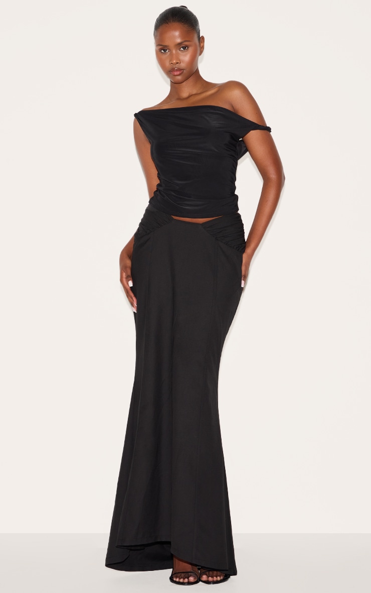 Black Woven Ruched Waist Detail Maxi Skirt image 2
