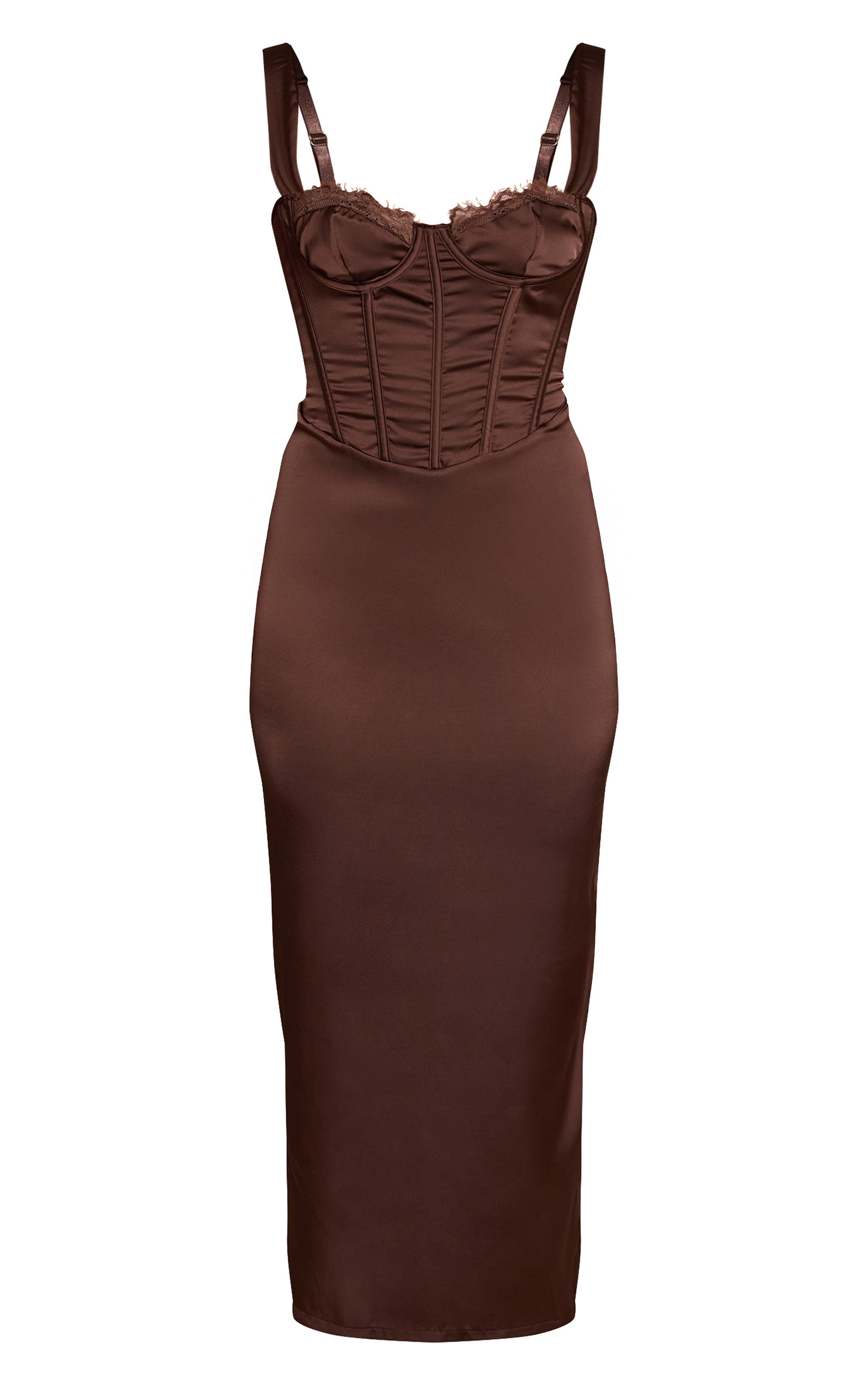 Chocolate Satin Lace Cup Detail Midi Dress image 5