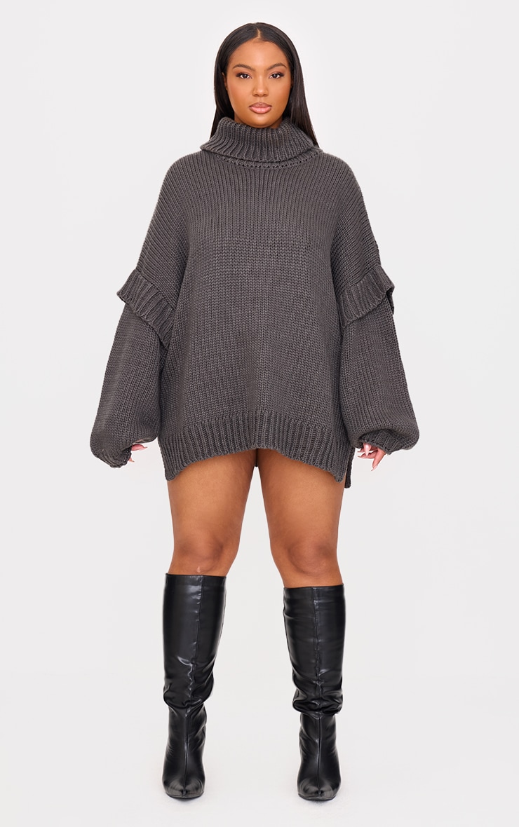 Plus Charcoal Grey Oversized Sleeve Detail Sweater Dress image 3