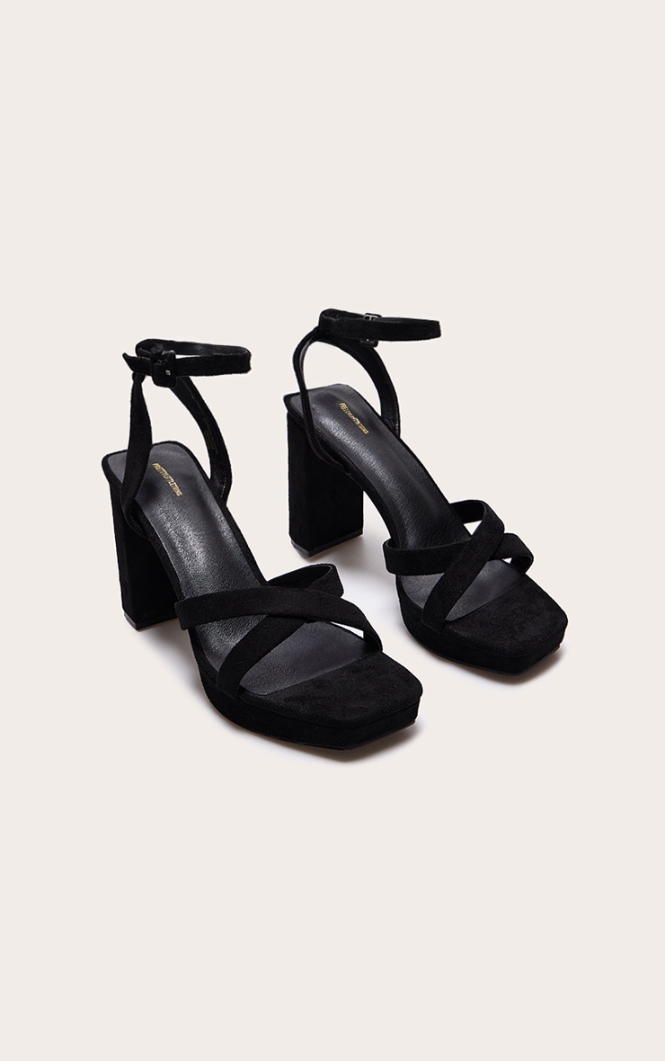 Black Faux Suede Square Toe Lace Up Flat Chunky Heeled Platforms image 2