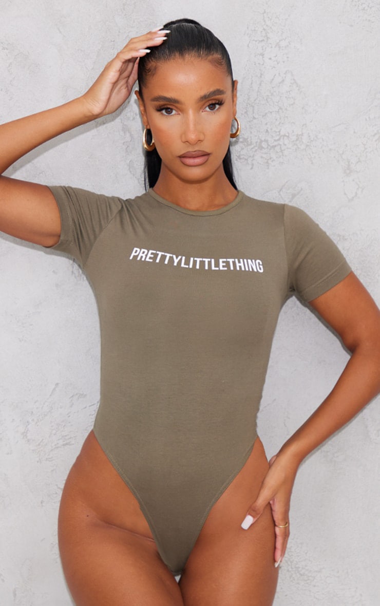 PRETTYLITTLETHING Logo Sage Khaki Short Sleeve Bodysuit image 2