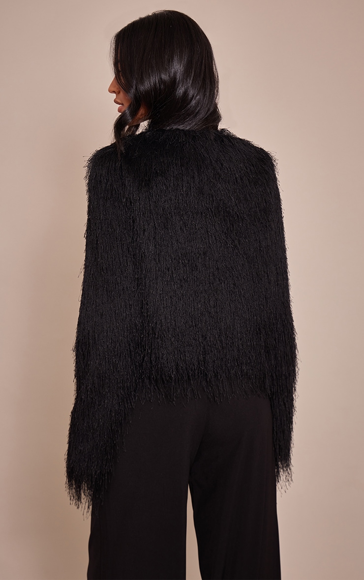 Tall Black Collarless Fringe Jacket image 2