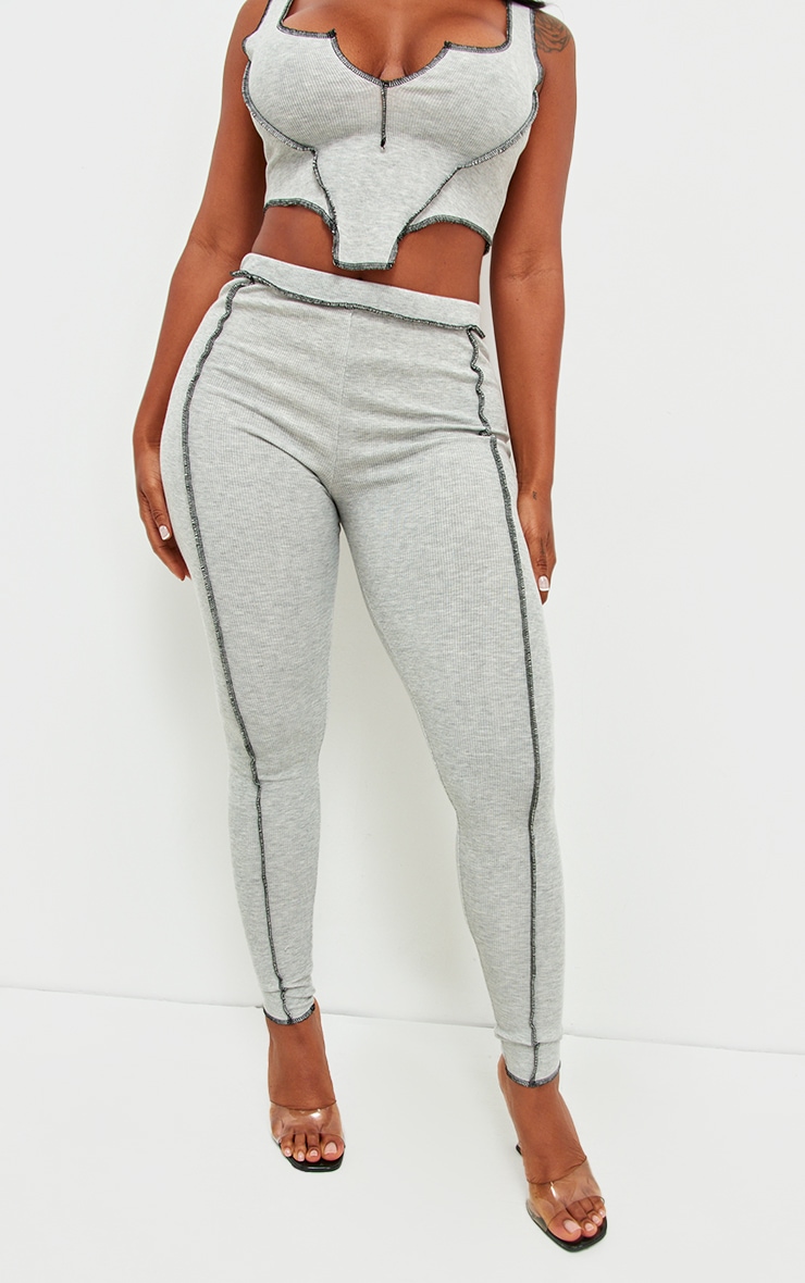 Shape Grey Marl Contrast Stitch Ribbed Crop Leggings image 2