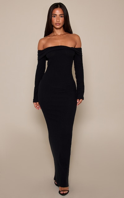 Petite Black Soft Rib Off Shoulder Mini Dress