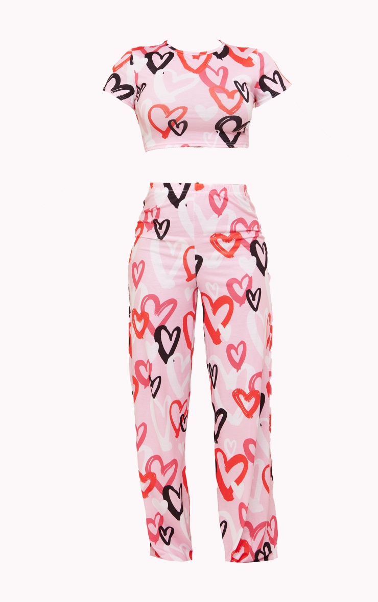 Multi Graffiti Heart Print Jersey Long Pj Set image 5