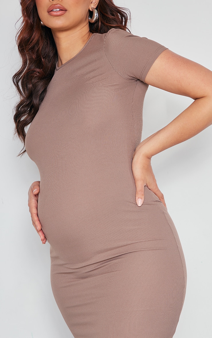 Maternity Taupe Ribbed Crew Neck Midi Dress image 4