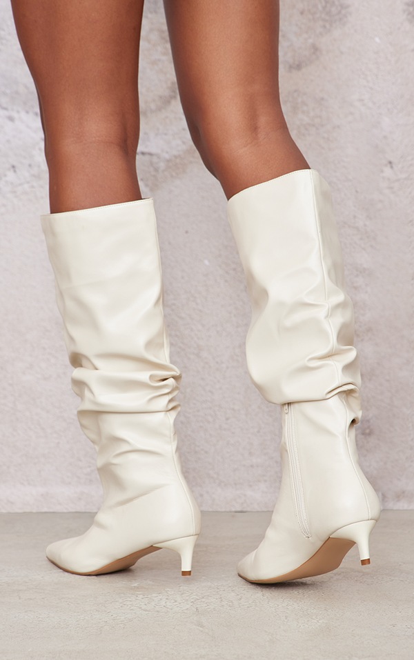 Cream Wide Fit Gathered Low Heel Knee High Boots Footwear PrettyLittleThing USA