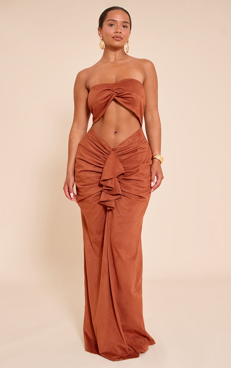 Shape Rust Faux Suede Twist Bandeau Ruched Maxi Dress image 1