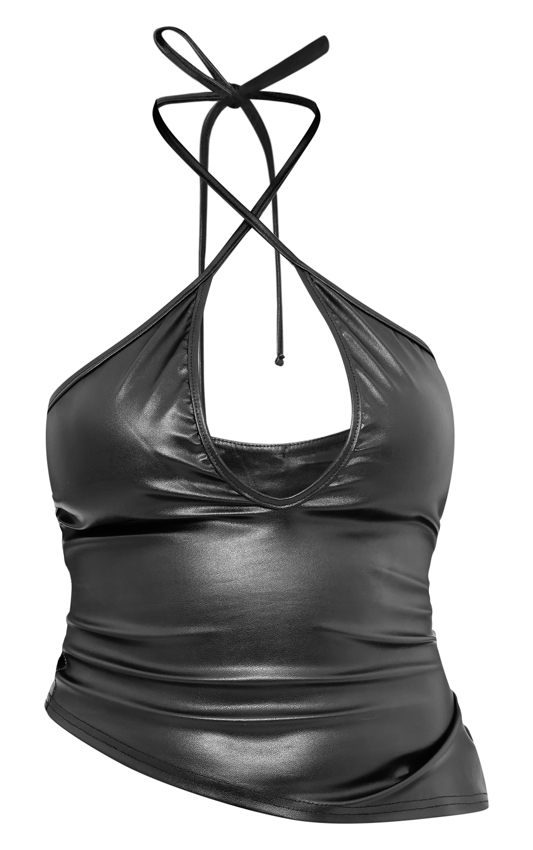 Black Faux Leather Asymmetric Hem Halter Neck Top image 5
