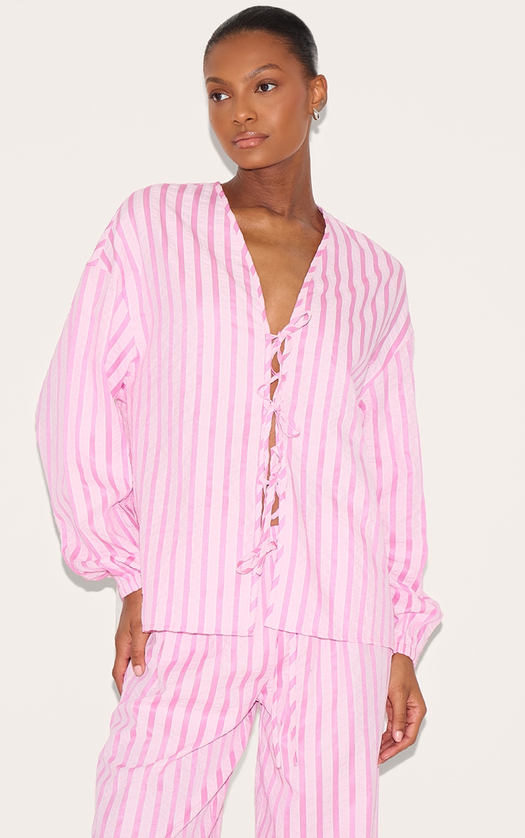 Pink Striped Textured Tie Drawstring Wide Leg Pants image 4
