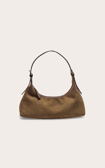 Olive Suede Elongated Curved Shoulder Bag
