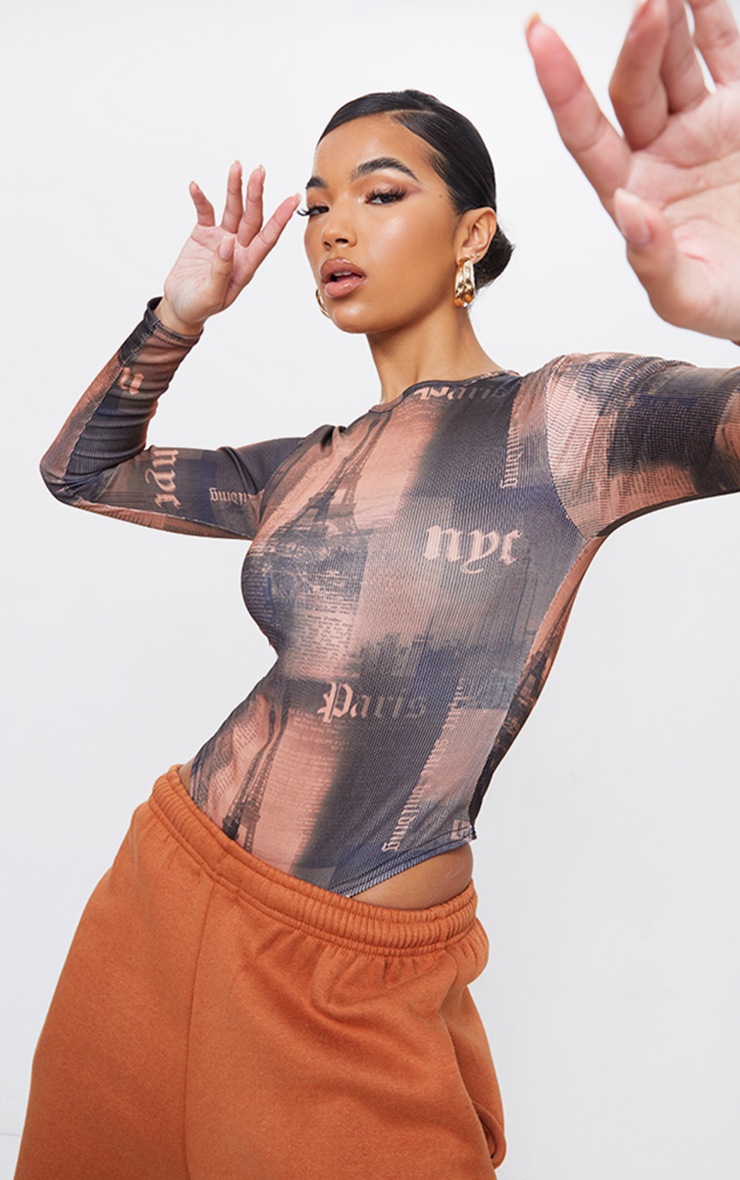Tan Spliced Cityscape Newspaper Print Rib Long Sleeve Bodysuit