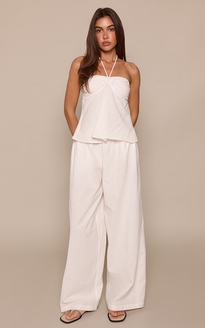 White Linen Shirred Waist Pants