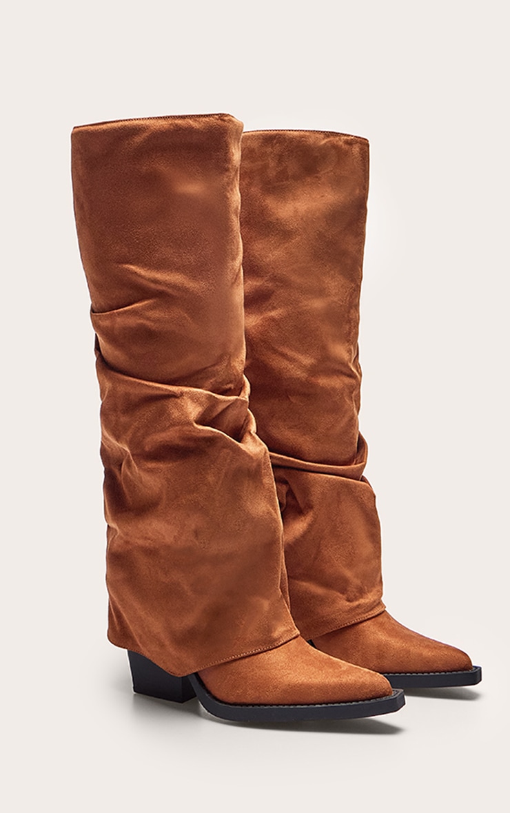 Tan Faux Suede Point Toe Fold Over Block Heel Knee High Boots image 2