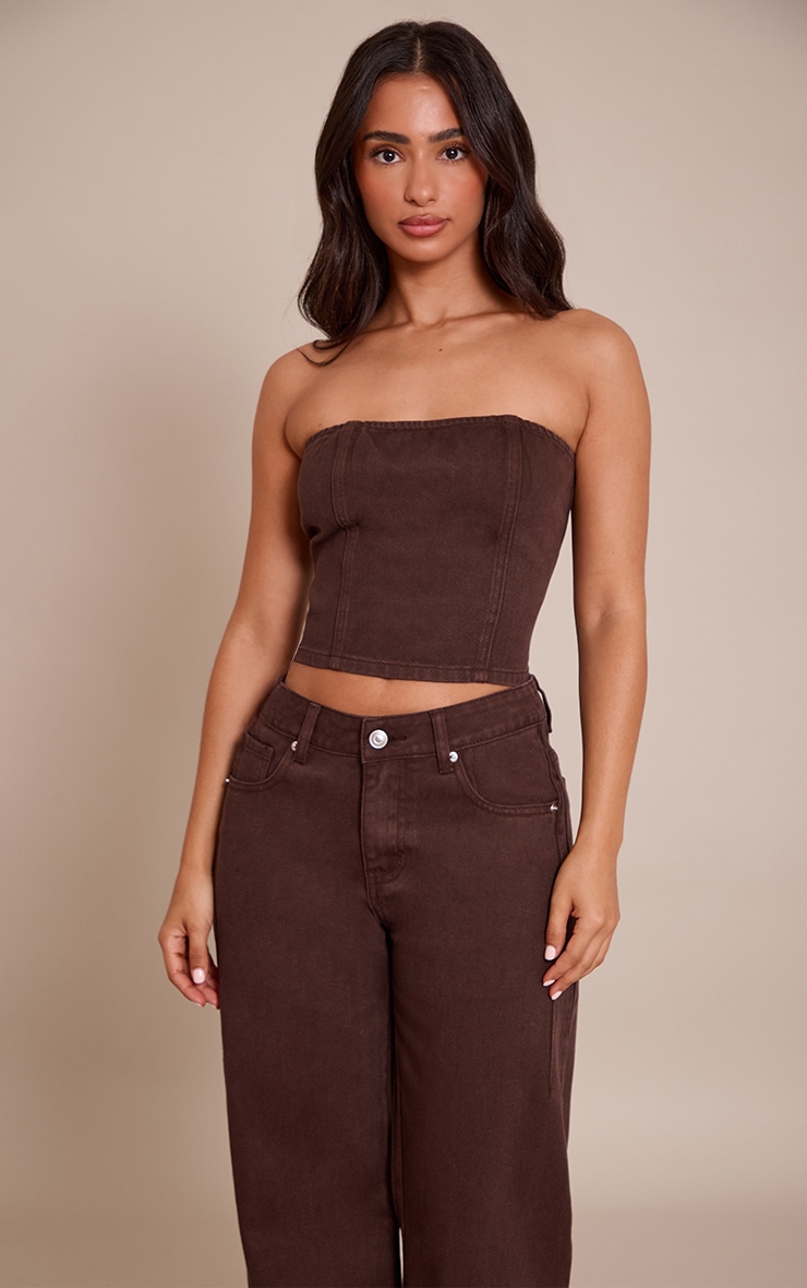 Petite Chocolate Seam Detail Denim Bandeau Top image 1
