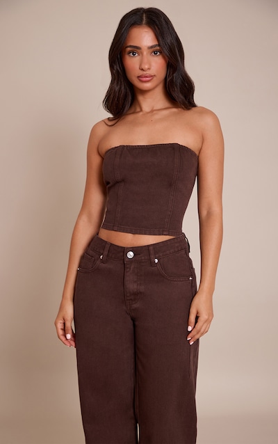 Petite Top bustier en jean chocolat à lisérés structurants