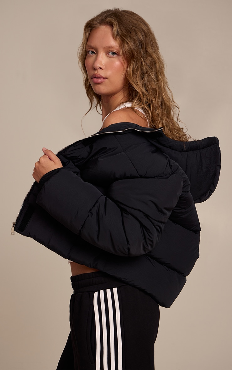 Black Cropped Drawstring Puffer Jacket image 4