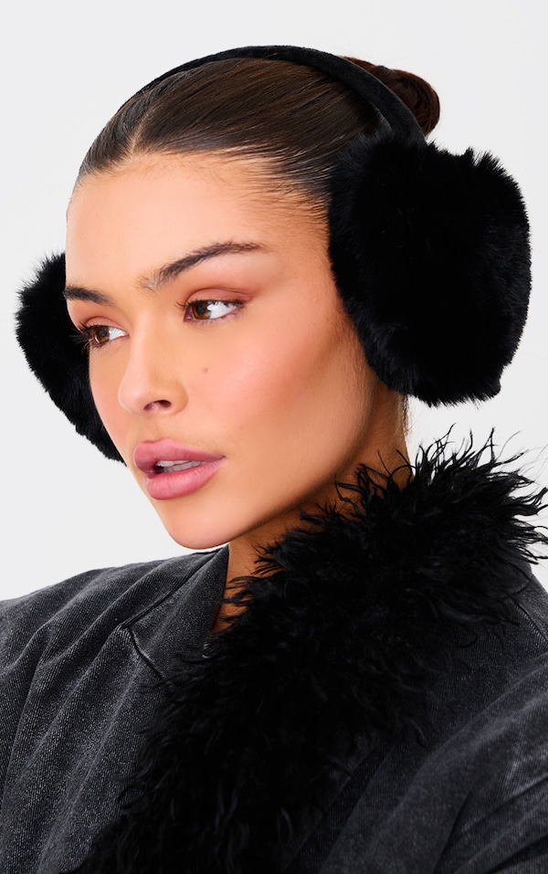 Black Faux Fur Heart Ear Muffs
