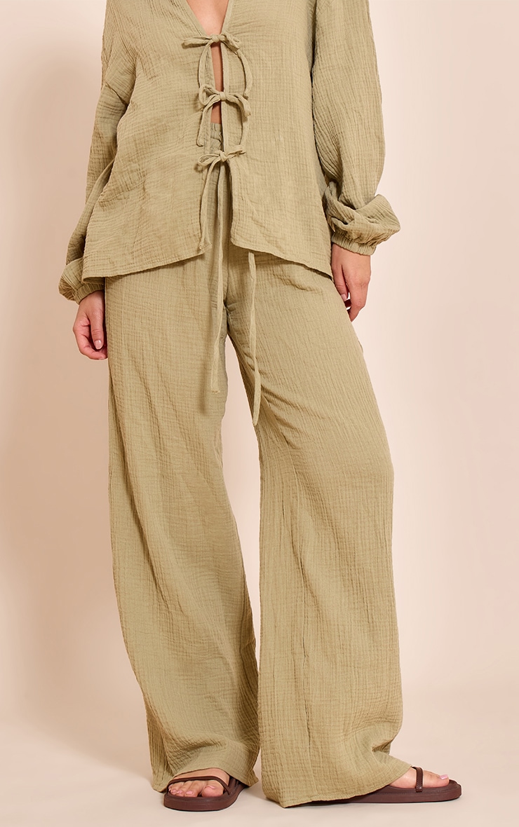 Khaki Cheesecloth Textured Wide Leg Pants image 2