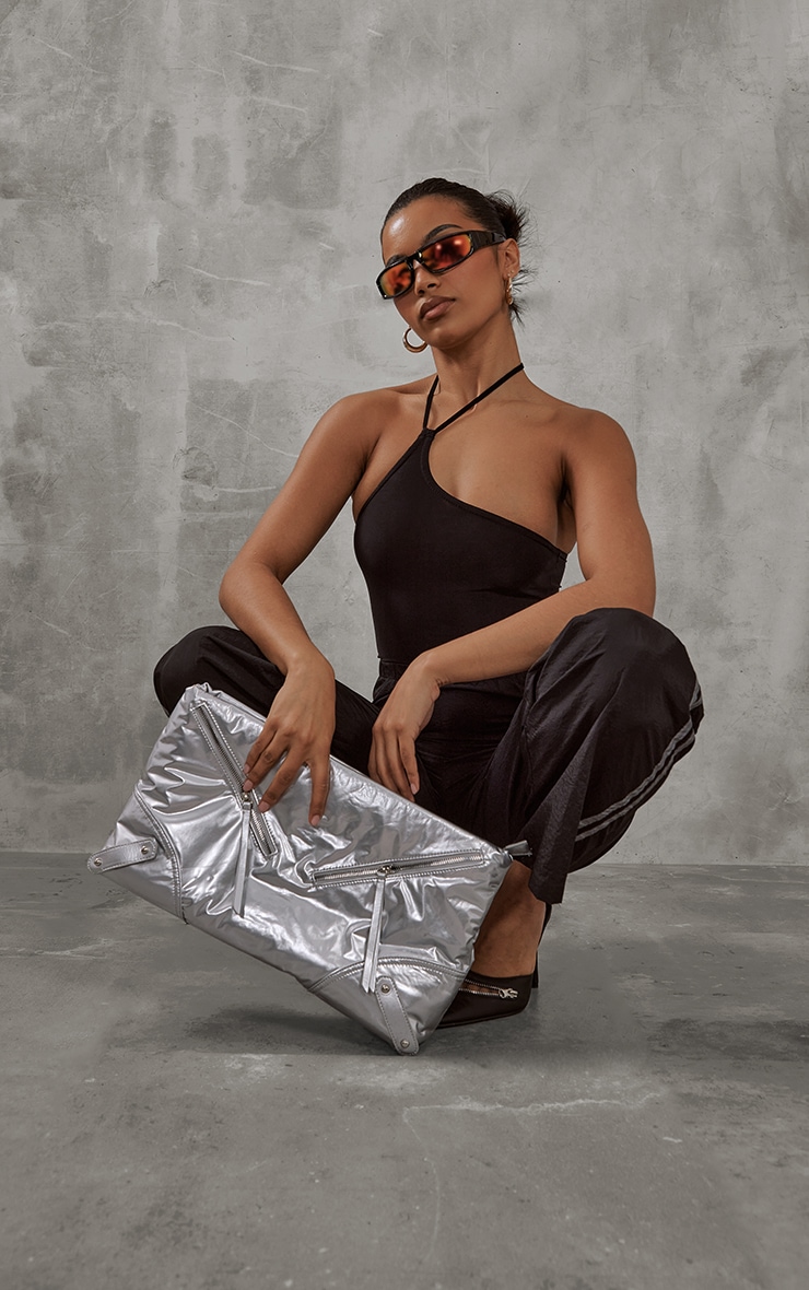 Black Slinky Halter Asymmetric Bodysuit image 3