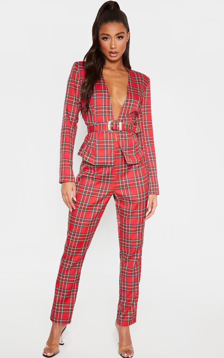 Pantalon cigarette rouge imprimé tartan taille haute à détail ceinture boucle