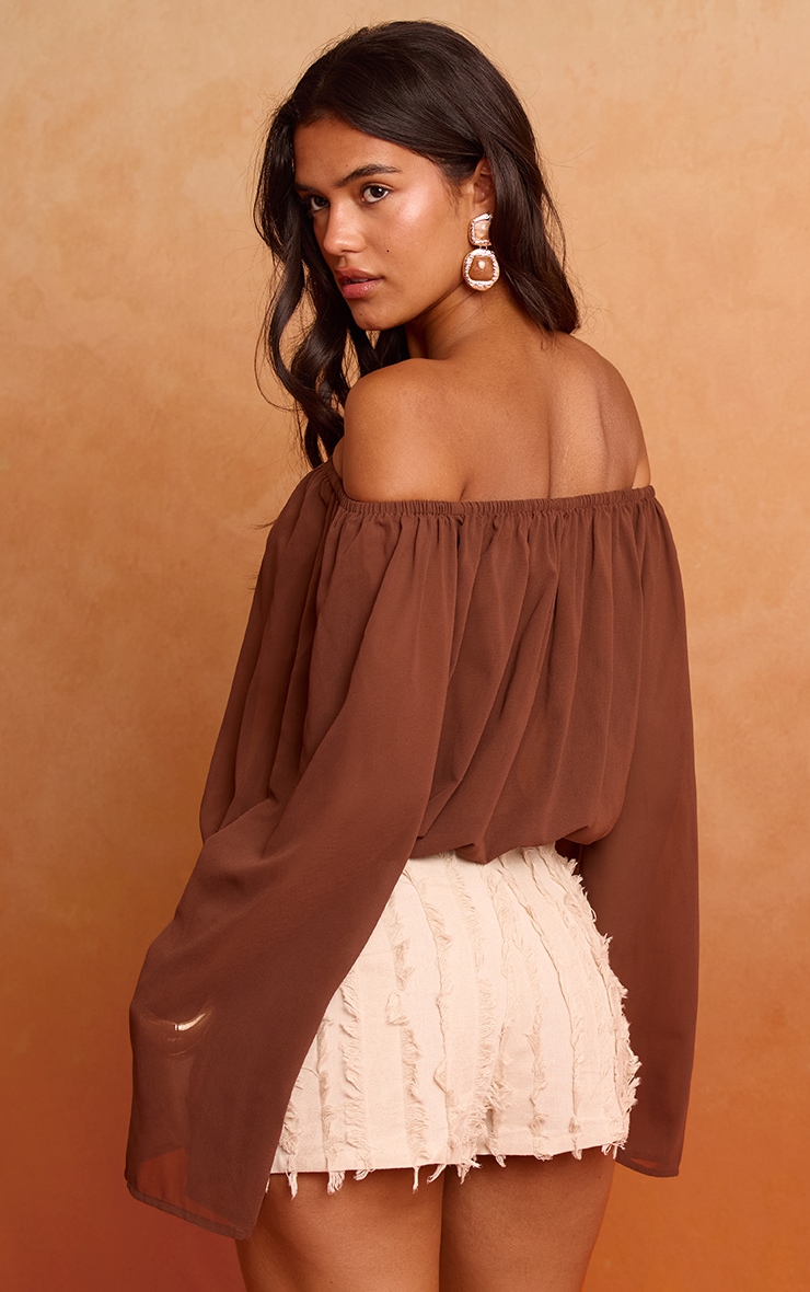 Brown Chiffon Ruched Bardot Blouse image 2