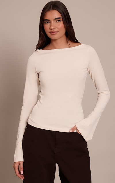 Oatmeal Soft Cotton Boat Neck Flared Long Sleeve Top