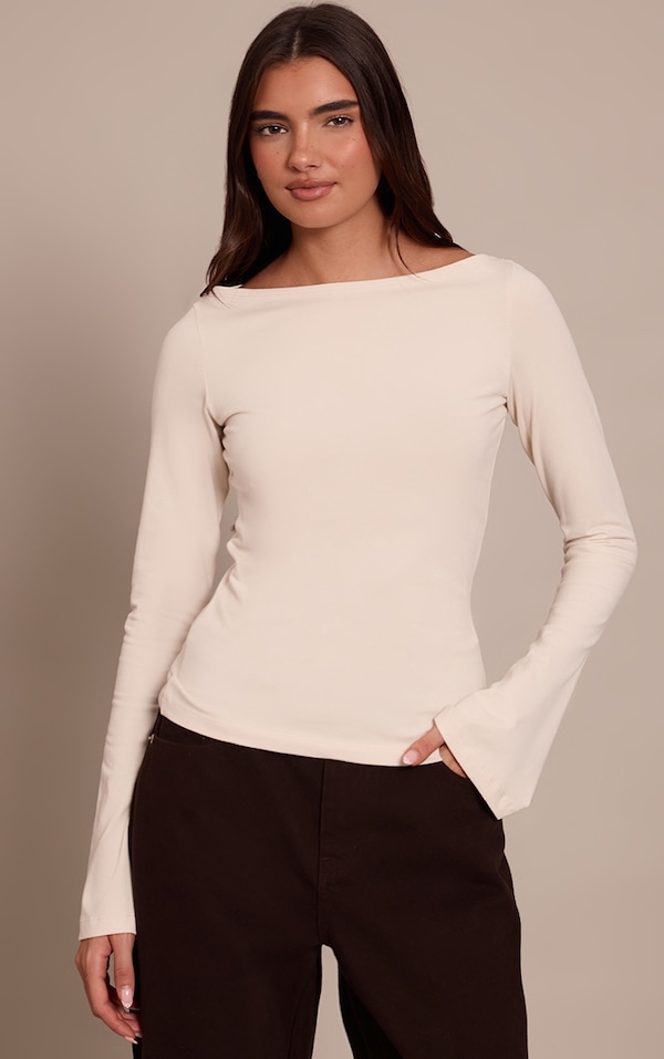 Oatmeal Soft Cotton Boat Neck Flared Long Sleeve Top