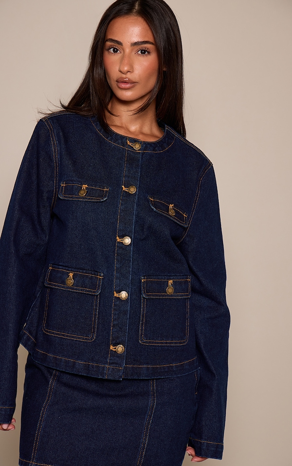 Petite Indigo Pocket Detail Collarless Denim Jacket 