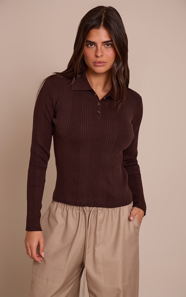 Chocolate Ribbed Knit Long Sleeved Polo Top