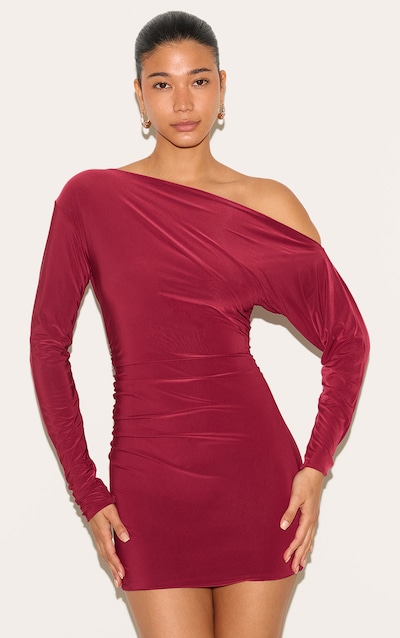 Robe Mini Asymétrique Épaule Dénudée Double Épaisseur Stretch Couleur Vin