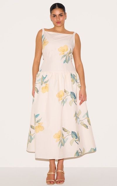 Plus Yellow Floral Printed Dropped Waist Midaxi Dress