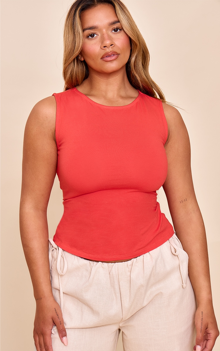 Shape Red Boat Neck Tie Back Sleevless T-shirt image 2