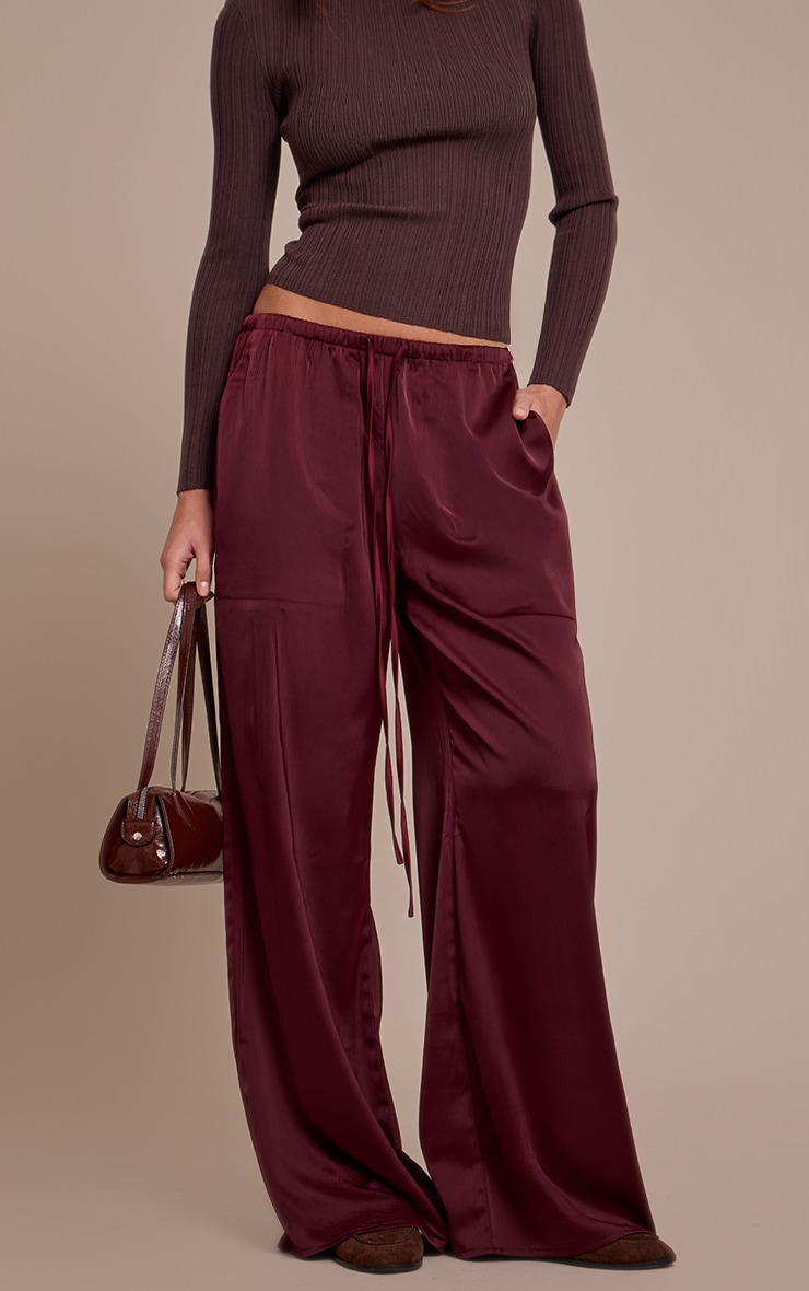 Burgundy Satin Low Rise Wide Leg Drawstring Pants image 2