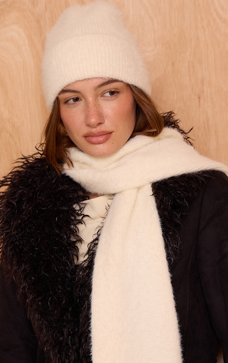 Cream Eyelash Knit Fold Over Beanie image 1