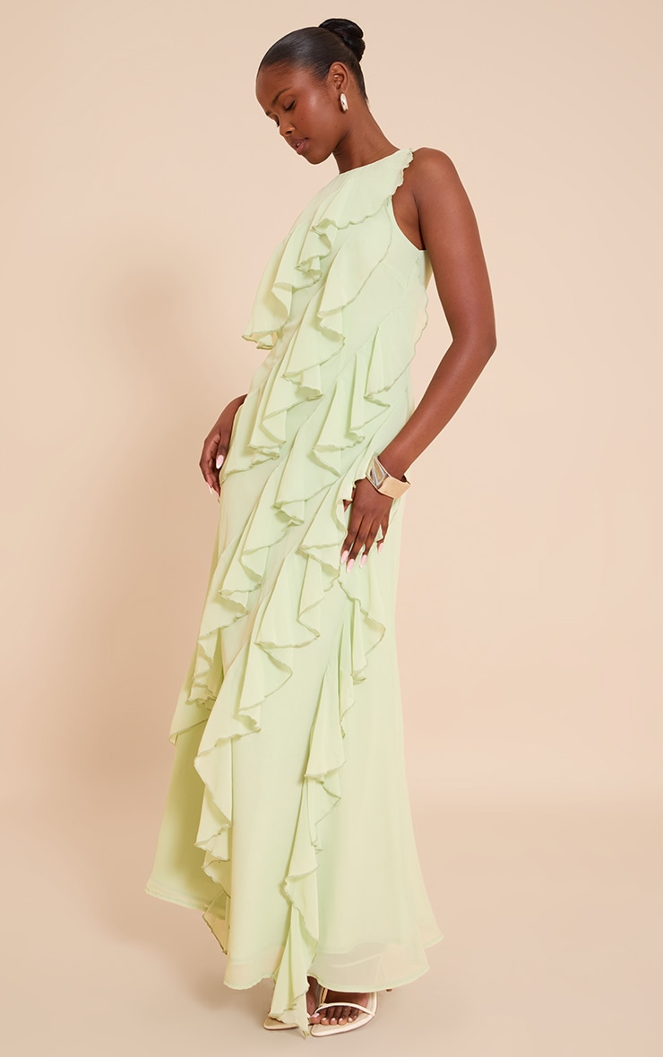  Sage Boat Neck Frill Detail Sleeveless Maxi Dress image 3