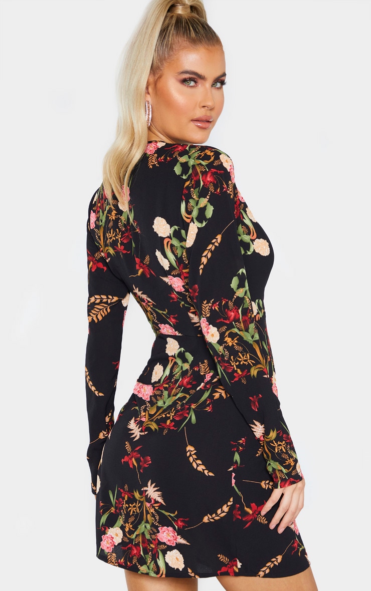 Tall Black Print Satin Long Sleeve Wrap Dress image 2