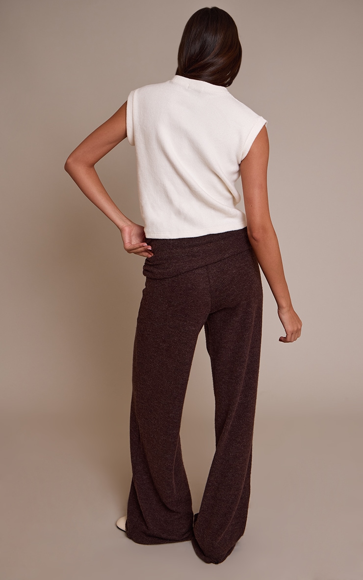 Chocolate Wool Look Fold Over Straight Leg Pants image 3