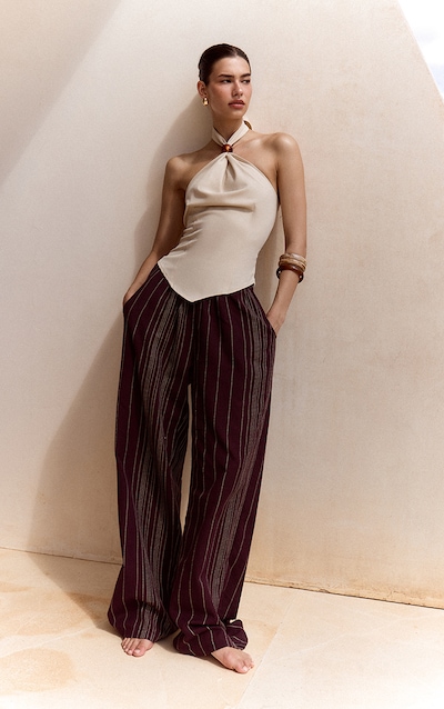 Pantalon en coton chocolat à rayures et taille élastique
