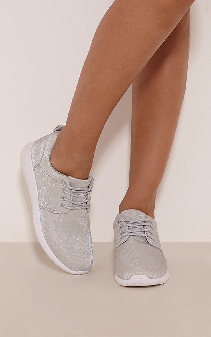 Leena Silver Metallic Snakeprint Trainers PrettyLittleThing