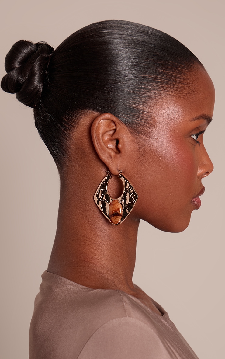 Gold Hammered Tiger Eye Abstract Statement Earrings image 1